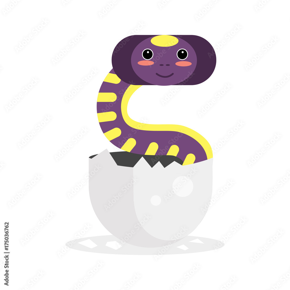 Cute newborn purple and yellow snake character, funny reptile in egg cartoon  vector Illustration Stock Vector | Adobe Stock