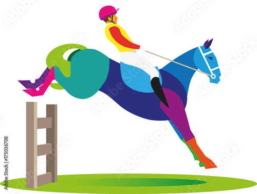 A young man is a jockey who overcomes an obstacle on a horse at the racetrack