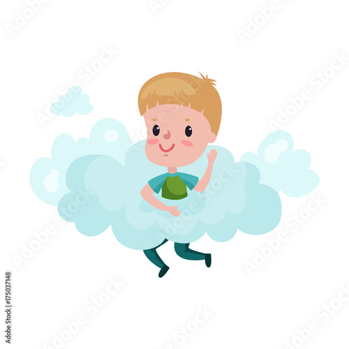 Cute little boy playing on a cloud, kid fantasizes and dreams cartoon vector Illustration