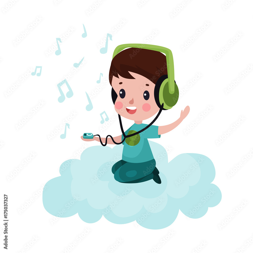 Cute little boy sitting on a cloud and listening to music, kid fantasizes and dreams cartoon vector Illustration