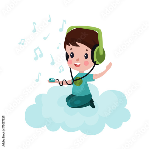 Cute little boy sitting on a cloud and listening to music, kid fantasizes and dreams cartoon vector Illustration
