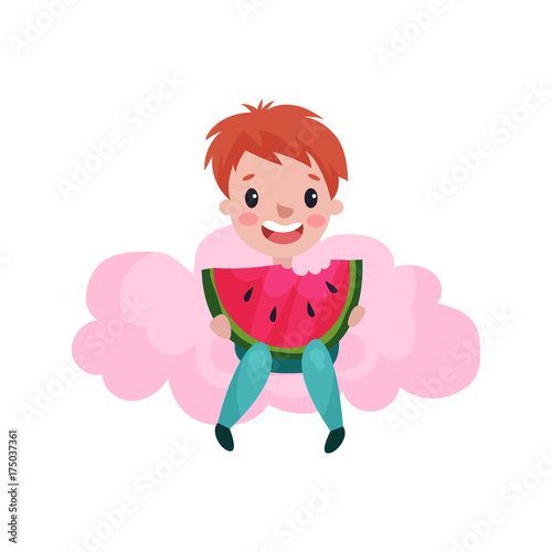 Cute little boy sitting on a pink cloud and eating watermelon, kid fantasizes and dreams cartoon vector Illustration