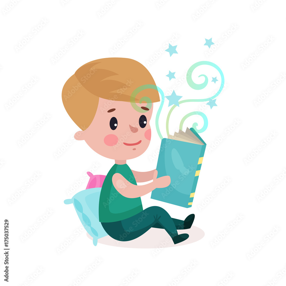 Cute little boy sitting on the floor and reading fairytale book, kids imagination concept cartoon colorful vector Illustration Cute little boy sitting on the floor and reading fairytale book, kids imagination concept cartoon colorful vector Illustration