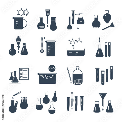 set of black icons chemical laboratory equipment and flask