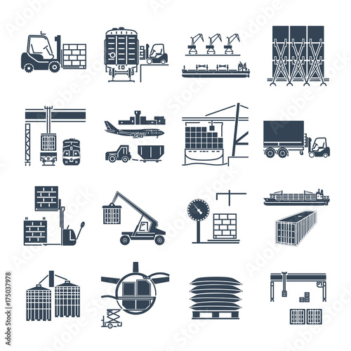 set of black icons air, sea, rail freight terminal, storage