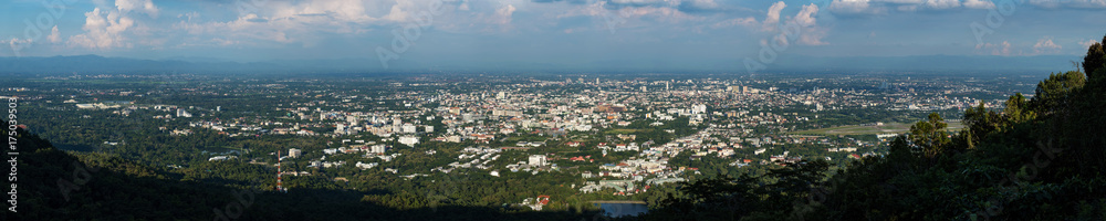 Panoramic view of Chiang Mai skyline from high angle view.