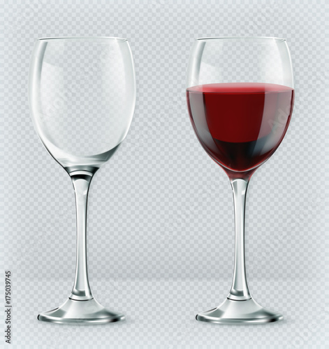 Transparency wine glass. Empty and full. 3d realism, vector icon photo