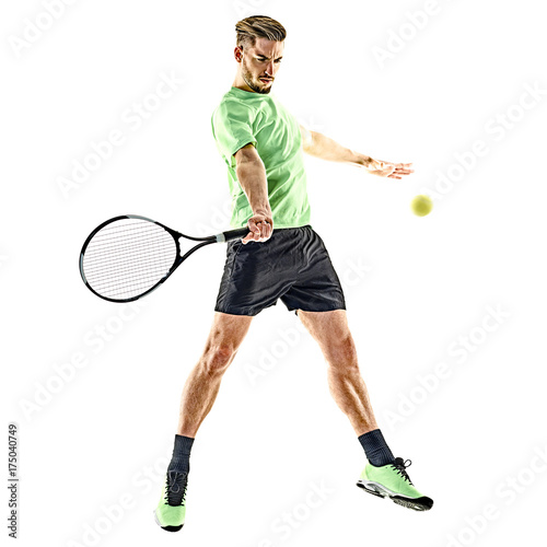 one caucasian  man playing tennis player isolated on white background © snaptitude