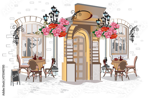 Series of backgrounds decorated with flowers, old town views and street cafes. Hand drawn Vector Illustration.
