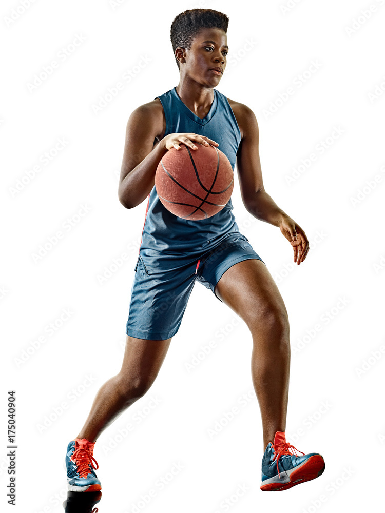 one african Basketball players woman teenager girl isolated on white background with shadows