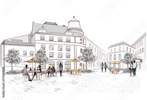 Series of backgrounds decorated with  old town views and street cafes. Hand drawn Vector Illustration.

