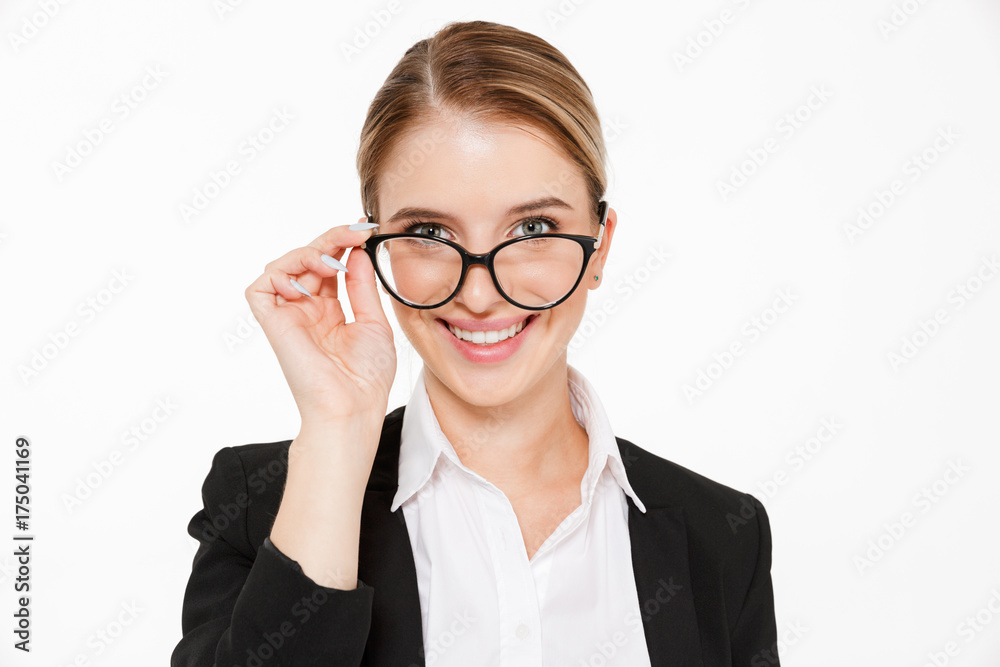Close up picture of smiling blonde business woman in eyeglasses
