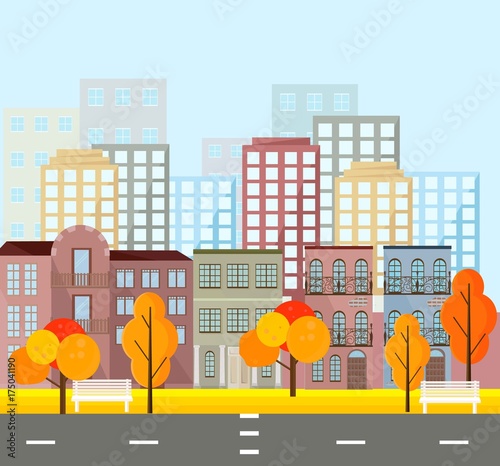 City street view, buildings in autumn season. Vector Mapple leaves backgrounds