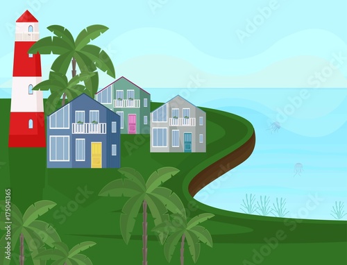 Vector sea coast view. Seaside with palm trees backgrounds