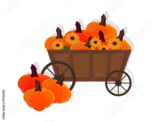 Pumpkins in a wooden cart Vector flat style