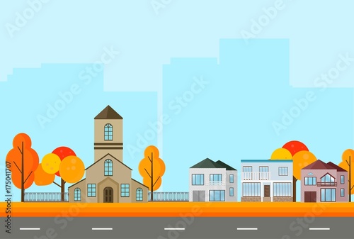 Fototapeta Naklejka Na Ścianę i Meble -  City Town street view, buildings in autumn season. Vector Mapple leaves backgrounds
