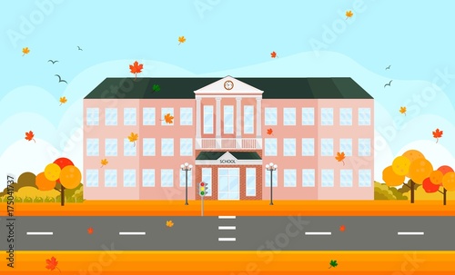 School building facade in autumn time. Vector illustrations