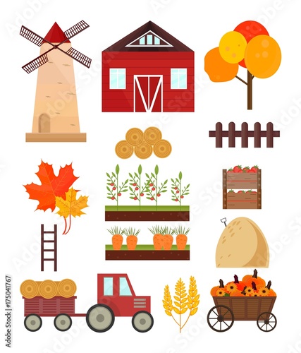 Autumn set mill, tractor, pumpkins harvest, tools Vector