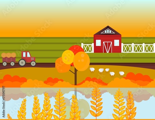 Farm village autumn season with lake background. Vector illustration