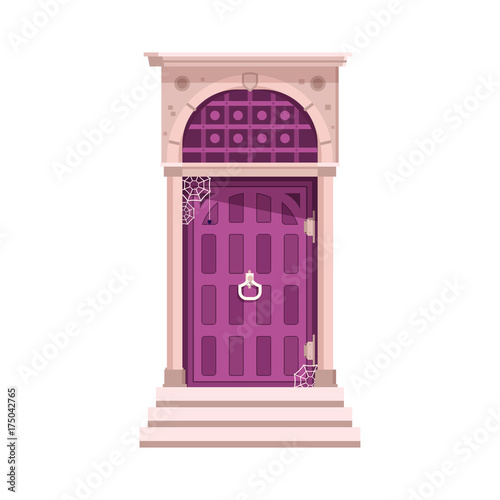 Old victorian front door and porch isolated on white background. Entrance with doorknocker to abandoned house with spider web.
