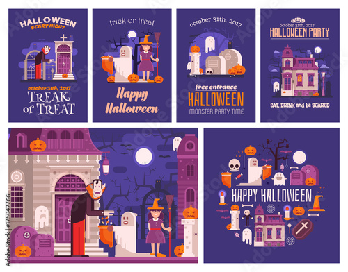 Halloween concept cards and illustrations set. Halloween party invitation templates, trick or treat banner and congratulation card with traditional elements and symbols.