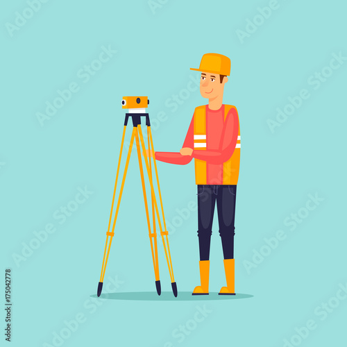 Surveyor makes measurements. Flat vector illustration in cartoon style.
