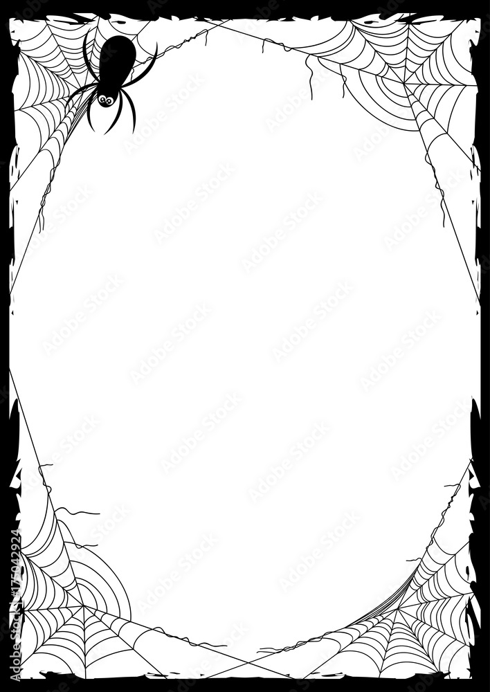 Fototapeta premium Happy Halloween poster with black frame from spider web in corners on white background. Trick or treat. Vector illustration