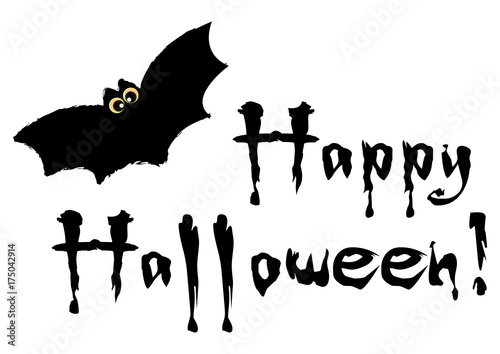 Happy Halloween grunge lettering with black bat on white background. Trick or treat. Vector illustration