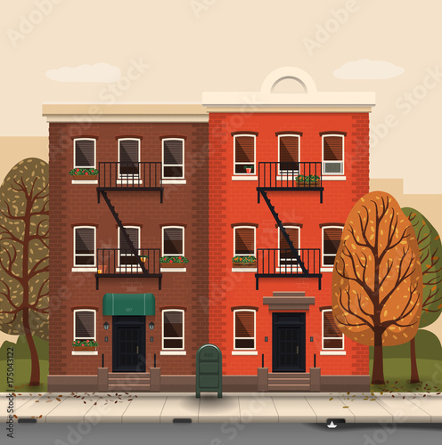 Illustration of a city landscape with townhouses and trees. Flat art style. Housing, real estate market, architecture design, property investment concept banner.
