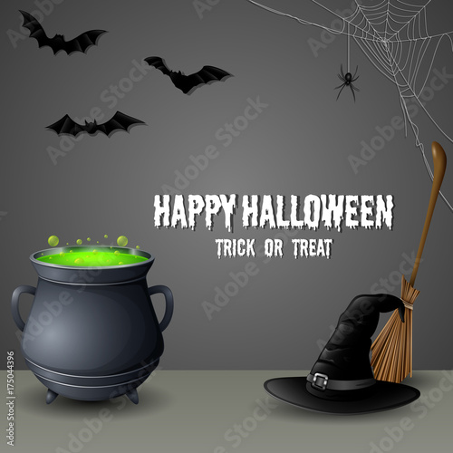 Halloween icon set witch hat with cauldron and broomstick