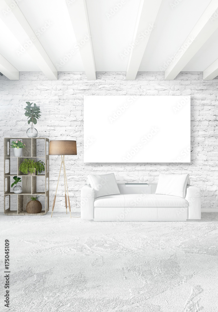White bedroom or livingroom minimal style interior design with stylish wall and sofa. 3D Rendering. Conept of show room White bedroom or livingroom minimal style interior design with stylish wall and sofa. 3D Rendering. Conept of show room