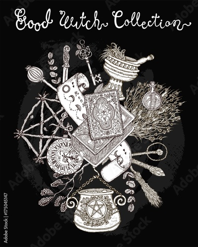 Halloween background with traditional symbols, witch magic objects, on black