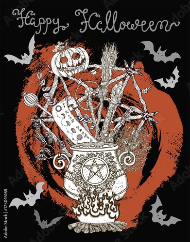 Poster with Halloween traditional symbols, witch magic objects on texture background
