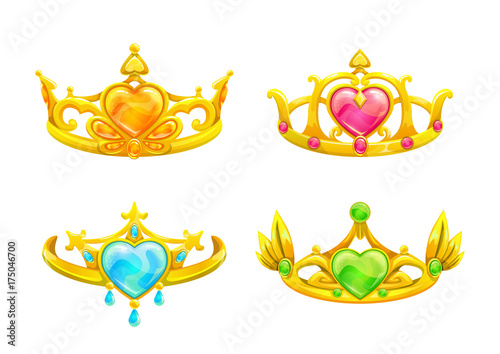 Cartoon golden princess crowns set.