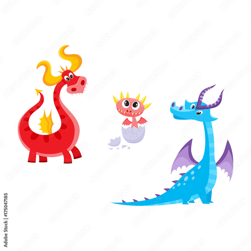 vector flat cartoon funny blue, marine and red fire adult, mature dragons  with horns and wings