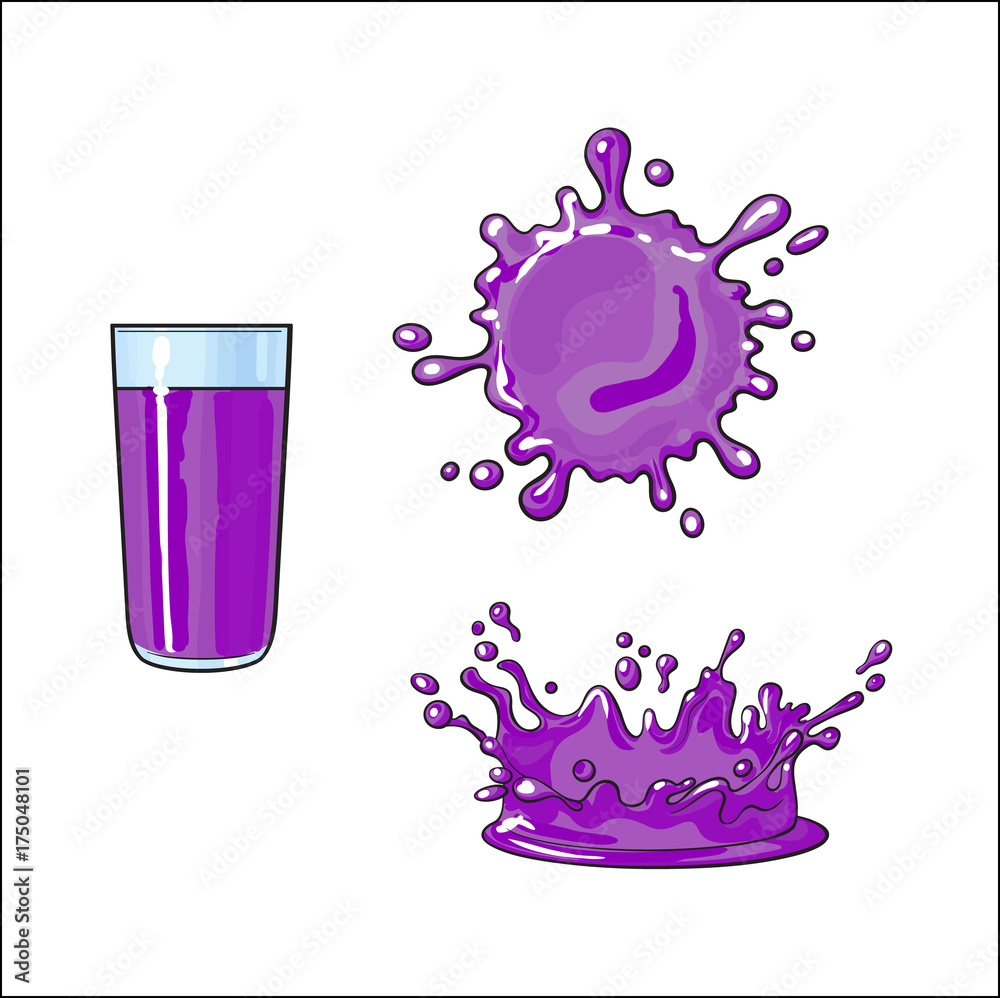 Vector cartoon glass cup of purple fresh fruit juice, juice drop splash set. Isolated illustration on a white background. Soft drink, refreshing beverage image.