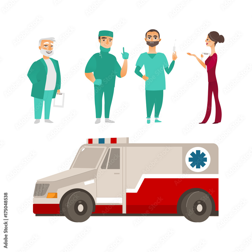 vector flat cartoon adult male, female doctors, head physician, nurse in medical clothing holding clipboard, syringe stethoscope smiling, ambulance car set. Isolated illustration on a white background vector flat cartoon adult male, female doctors, head physician, nurse in medical clothing holding clipboard, syringe stethoscope smiling, ambulance car set. Isolated illustration on a white background