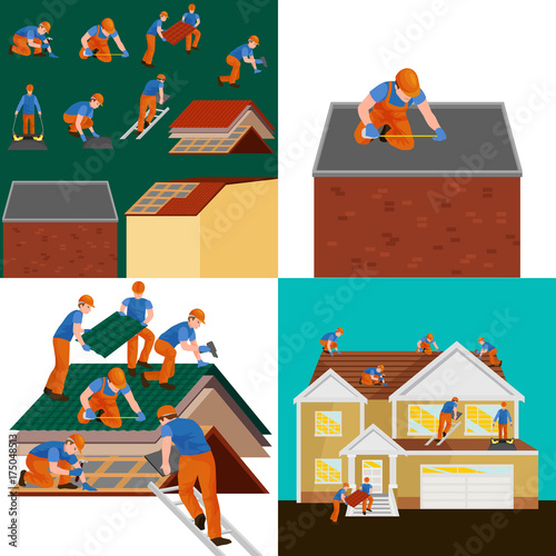 roof construction worker repair home, build structure fixing rooftop tile house with labor equipment, roofer men with work tools in hands outdoors renovation residential vector illustration