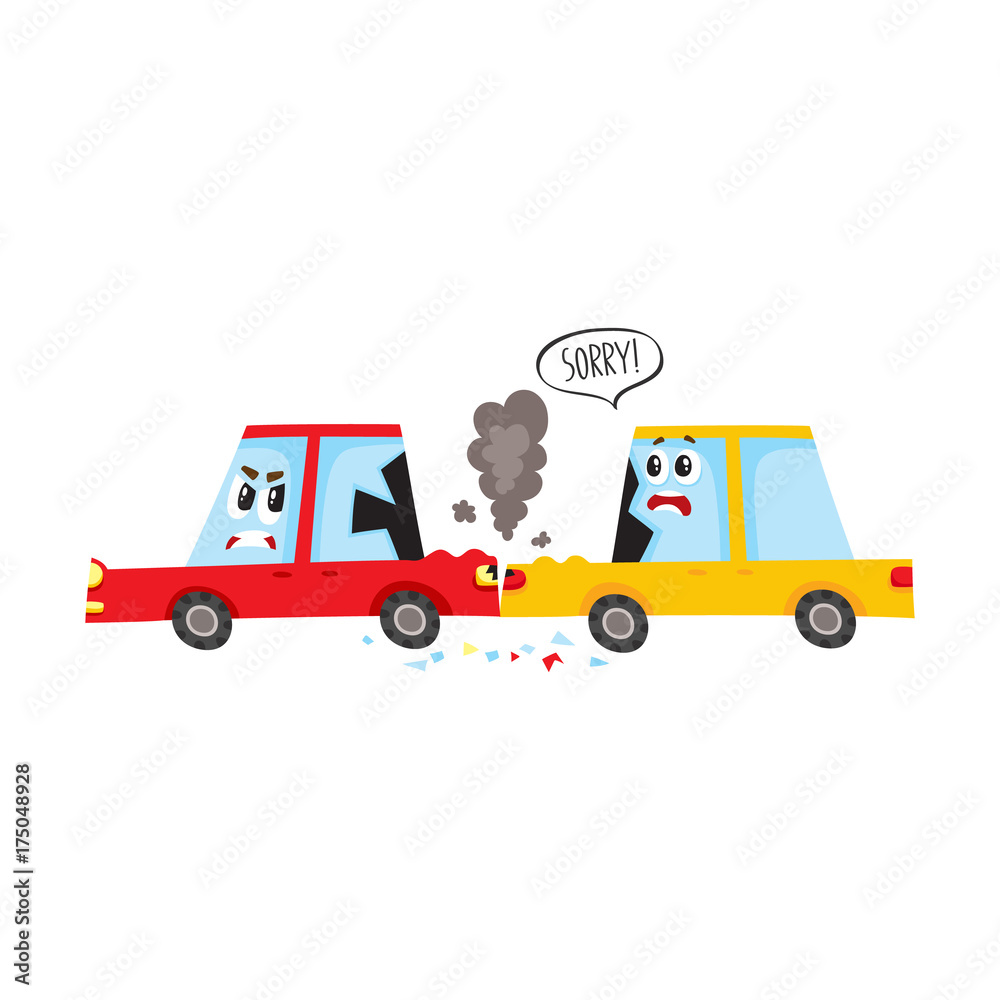 vector flat cartoon car character with eyes crash, accident. Yellow vehicle crashed into rear bamper of red one, both have dents, broken glasses, scratches. Isolated illustration on a white background vector flat cartoon car character with eyes crash, accident. Yellow vehicle crashed into rear bamper of red one, both have dents, broken glasses, scratches. Isolated illustration on a white background