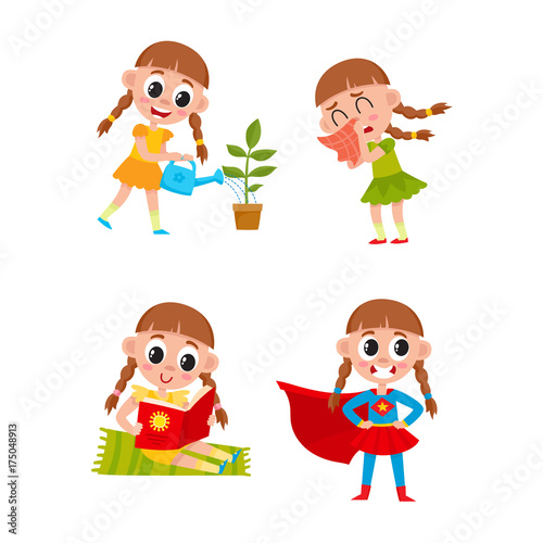 vector flat cartoon girl kid doing everyday routine activity set. Child crying, reading watering plant in pot and having fun in fancy super hero costume. Isolated illustration on a white background.