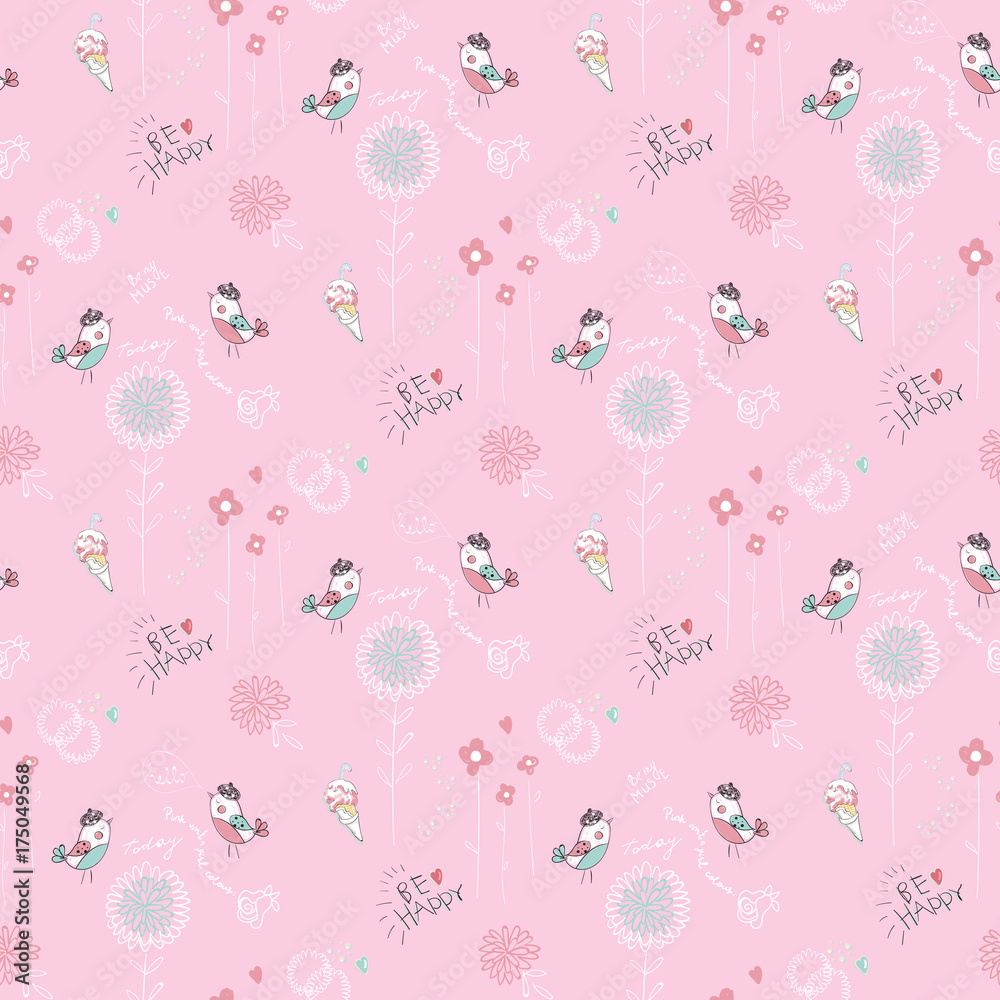 Fototapeta premium Cute pink seamless pattern with flowers, birds and ice cream. Vector baby design for fashion apparels, t shirt, stickers and printed tee design.