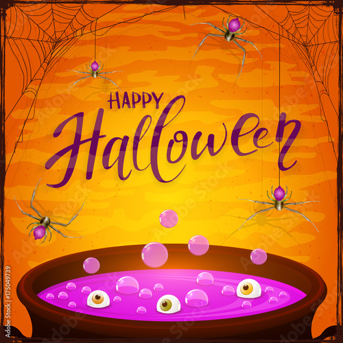 Halloween cauldron with purple potion and spiders on orange background