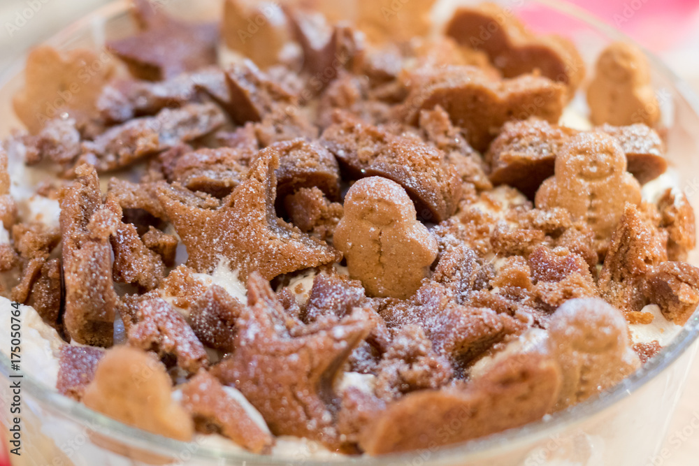 closeup of an authentic homemade family christmas gingerbread custard trifle