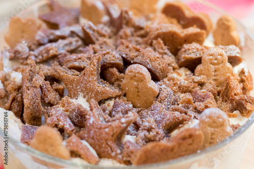 closeup of an authentic homemade family christmas gingerbread custard trifle