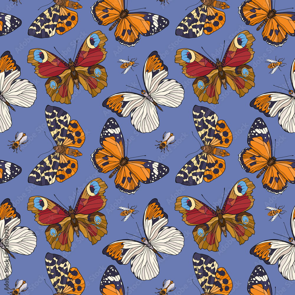 Fototapeta premium Colorful seamless pattern, background with butterflies. Vector illustration.