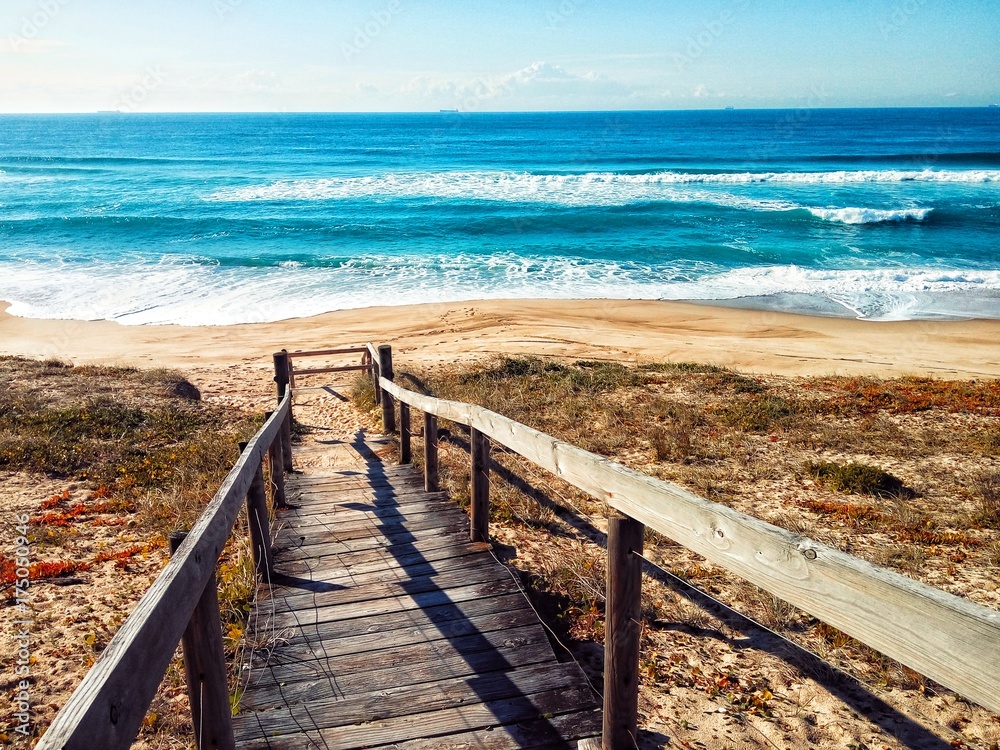 Wooden stairs over sand dune on Australian ocean beach - obrazy, fototapety, plakaty 
