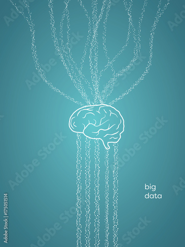 Big data visualization vector concept with data flow through brain symbol. Data analysis, selection, processing symbol.