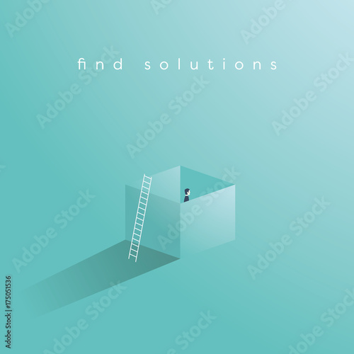 Business vector concept of finding solution by thinking outside the box. Creative problem solving, overcome obstacles, challenges symbol.