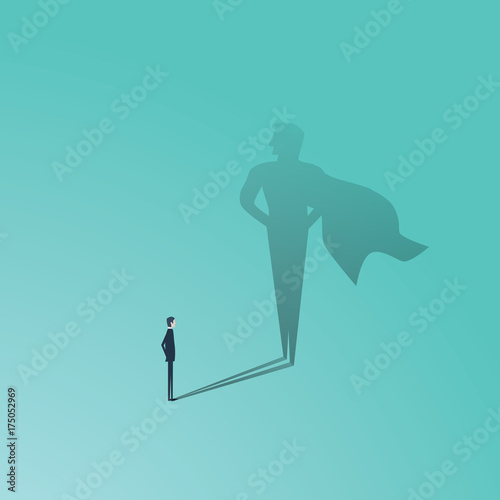 Business ambition and success vector concept. Businessman with superhero shadow as symbol of power, leadership, courage, bravery.