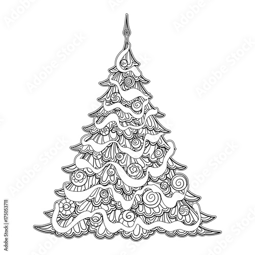 Christmas tree. Contour drawing. Good for coloring page for the adult coloring book. 